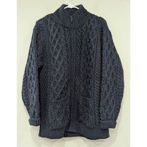 Aran Crafts Ireland 100% Wool Cableknit Full Zip Blue Sweater Size Large